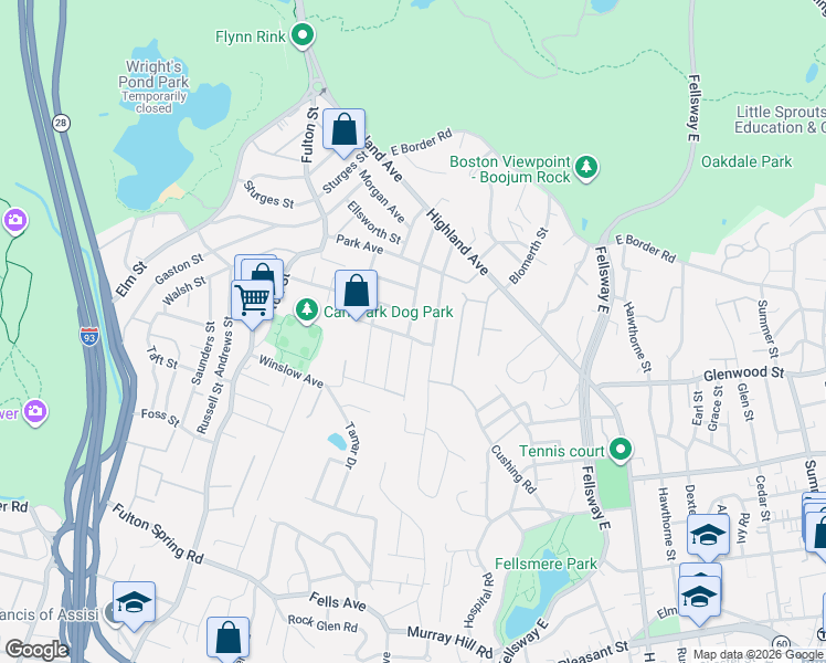 map of restaurants, bars, coffee shops, grocery stores, and more near 26 Doonan Street in Medford