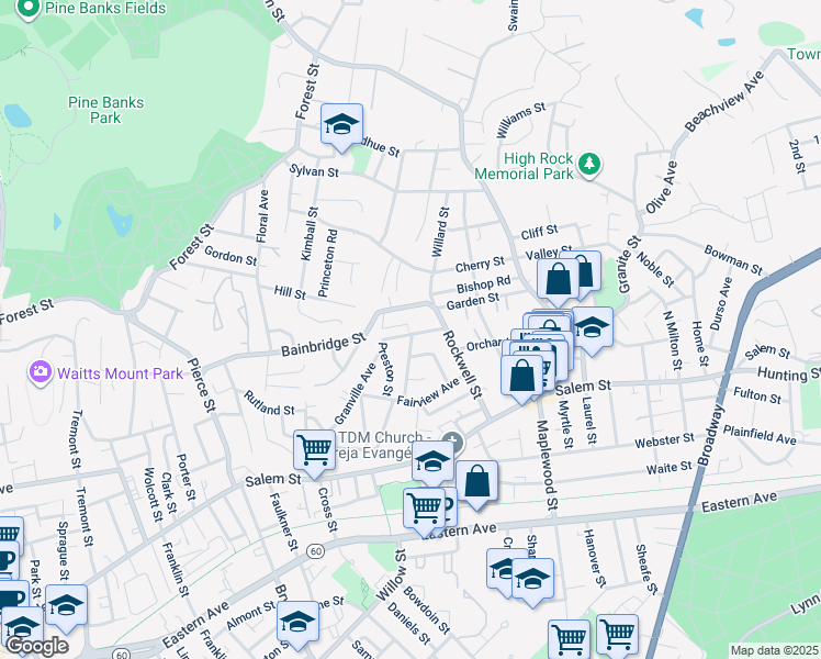 map of restaurants, bars, coffee shops, grocery stores, and more near 35 Havelock Street in Malden