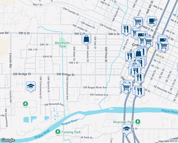 map of restaurants, bars, coffee shops, grocery stores, and more near 909 Southwest Bridge Street in Grants Pass