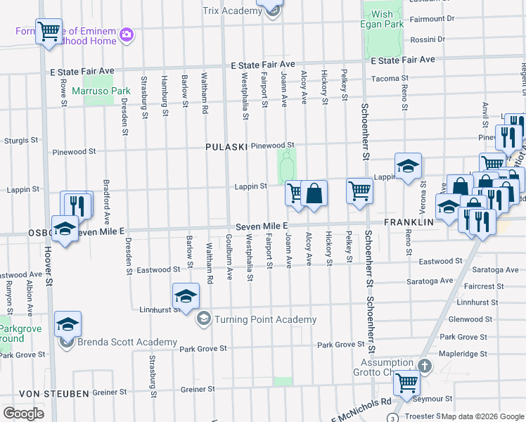 map of restaurants, bars, coffee shops, grocery stores, and more near 12901 Seven Mile East in Detroit