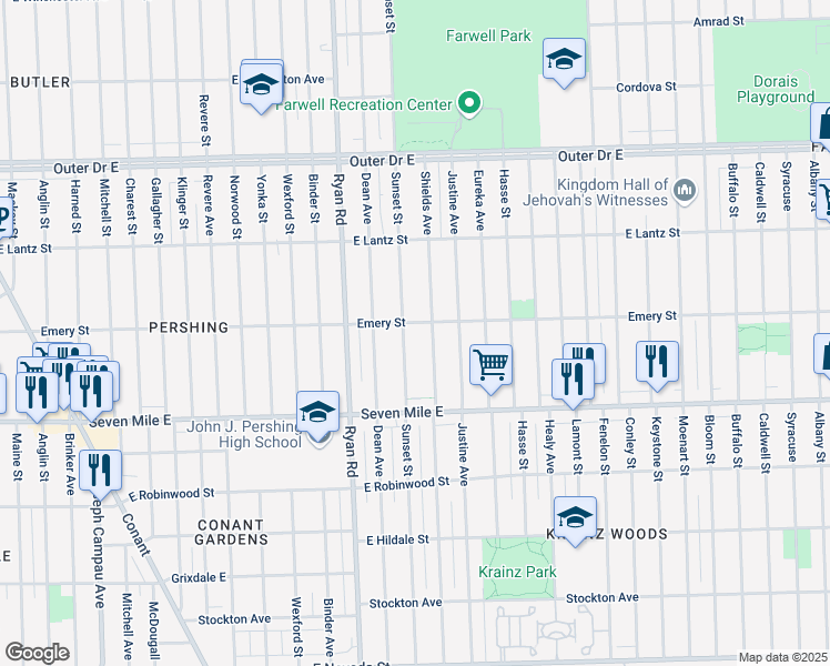 map of restaurants, bars, coffee shops, grocery stores, and more near 19227 Sunset Street in Detroit