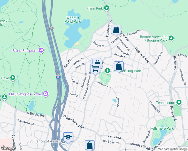 map of restaurants, bars, coffee shops, grocery stores, and more near 39 Andrews Street in Medford