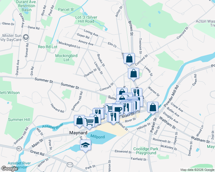 map of restaurants, bars, coffee shops, grocery stores, and more near 19 Concord Street in Maynard