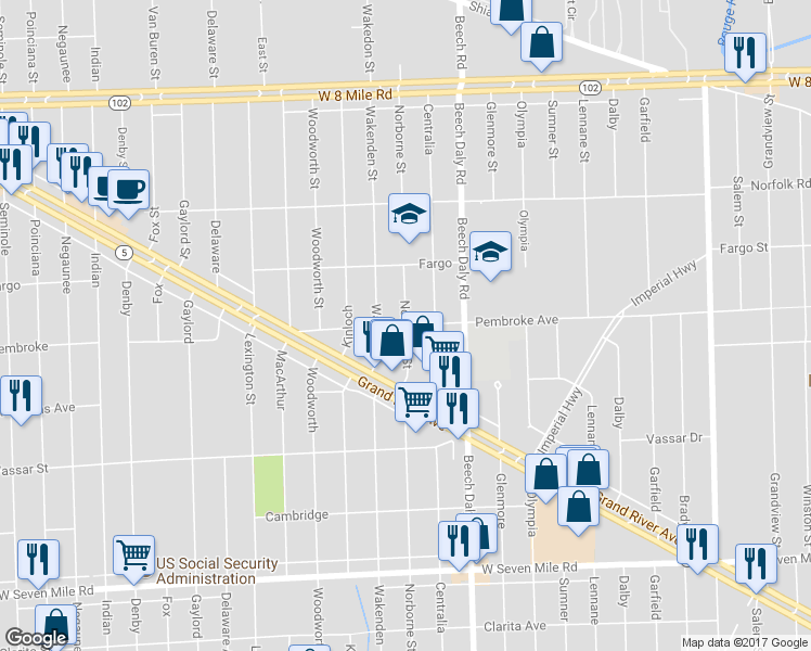 map of restaurants, bars, coffee shops, grocery stores, and more near Pembroke Ave & Norborne in Redford Charter Township