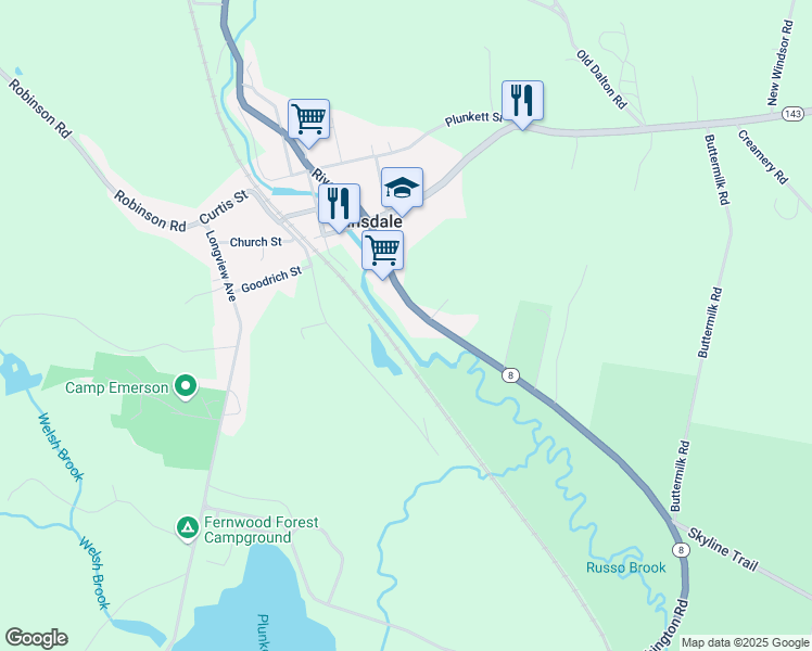 map of restaurants, bars, coffee shops, grocery stores, and more near 124 South Road in Hinsdale