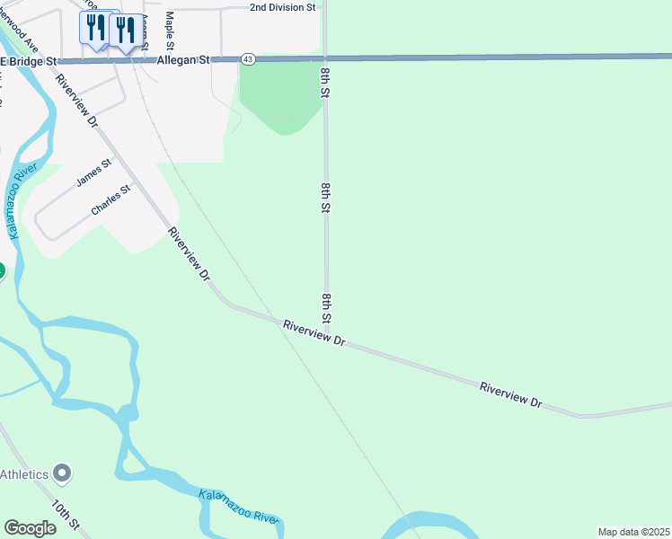 map of restaurants, bars, coffee shops, grocery stores, and more near 181 8th Street in Plainwell