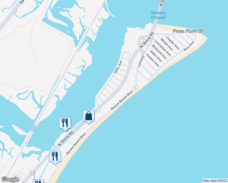 map of restaurants, bars, coffee shops, grocery stores, and more near 307 North Shore Road in Revere