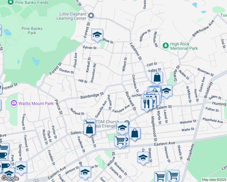 map of restaurants, bars, coffee shops, grocery stores, and more near 60 Havelock Street in Malden