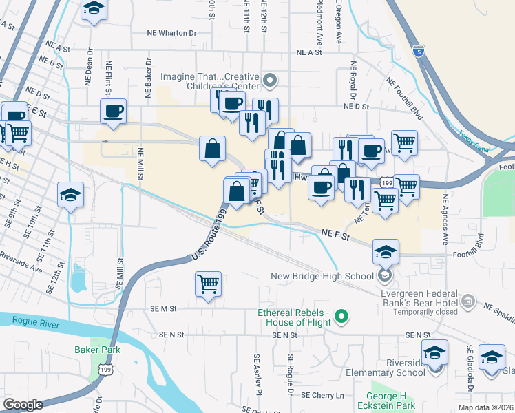 map of restaurants, bars, coffee shops, grocery stores, and more near 1532-1554 Northeast F Street in Grants Pass