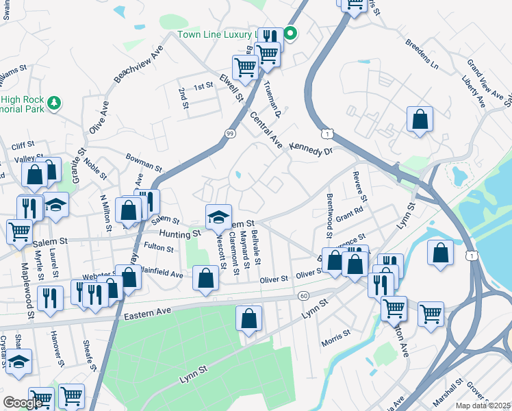 map of restaurants, bars, coffee shops, grocery stores, and more near 1156 Salem Street in Malden