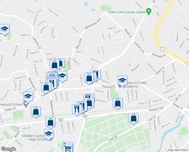 map of restaurants, bars, coffee shops, grocery stores, and more near in Malden