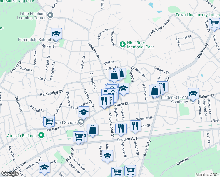 map of restaurants, bars, coffee shops, grocery stores, and more near 14 Orchard Street in Malden
