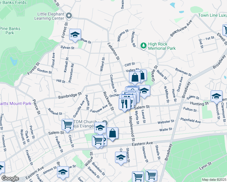 map of restaurants, bars, coffee shops, grocery stores, and more near 75 Orchard Street in Malden