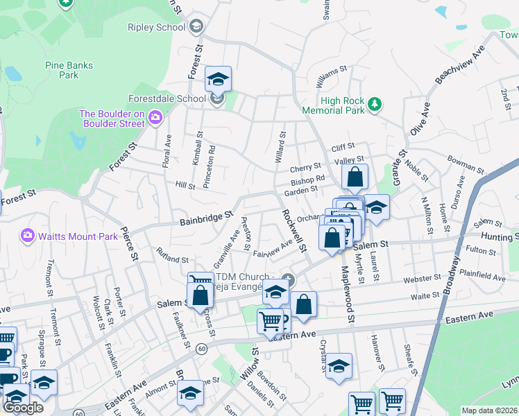 map of restaurants, bars, coffee shops, grocery stores, and more near 60 Havelock Street in Malden