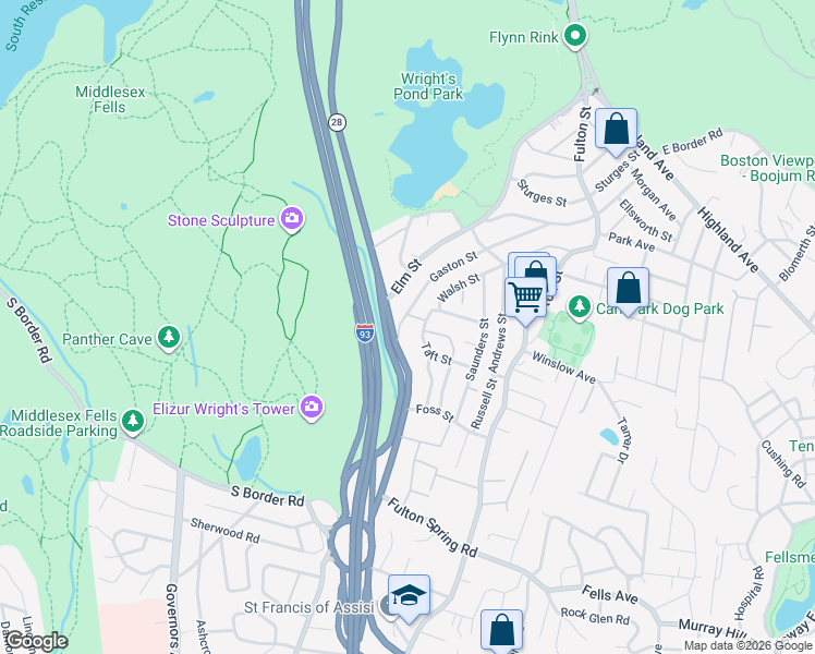 map of restaurants, bars, coffee shops, grocery stores, and more near 751 Fellsway West in Medford