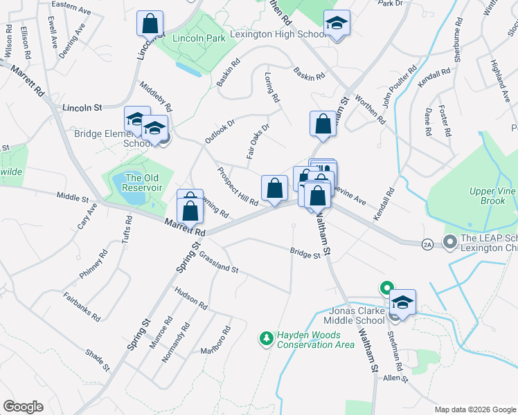 map of restaurants, bars, coffee shops, grocery stores, and more near 368 Marrett Road in Lexington