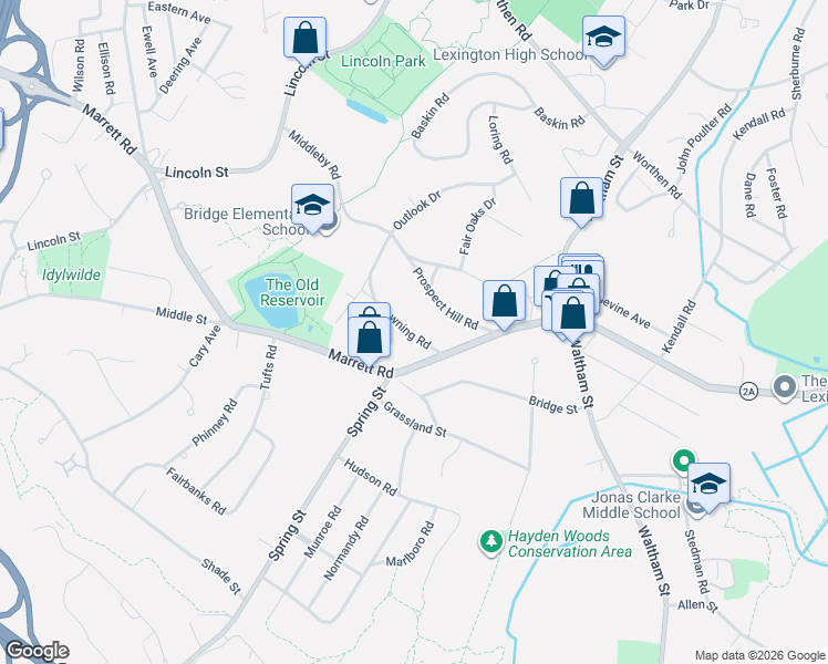 map of restaurants, bars, coffee shops, grocery stores, and more near 16 Downing Road in Lexington