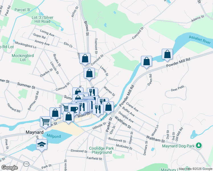 map of restaurants, bars, coffee shops, grocery stores, and more near 15 Deane Street in Maynard