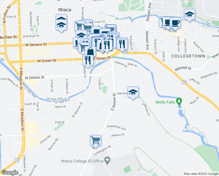 map of restaurants, bars, coffee shops, grocery stores, and more near 320 Hillview Place in Ithaca