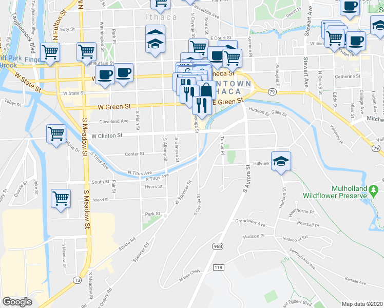 map of restaurants, bars, coffee shops, grocery stores, and more near 339 South Geneva Street in Ithaca