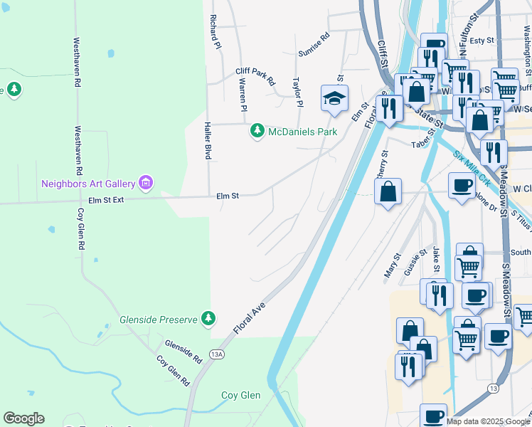 map of restaurants, bars, coffee shops, grocery stores, and more near 48 Abbott Lane in Ithaca