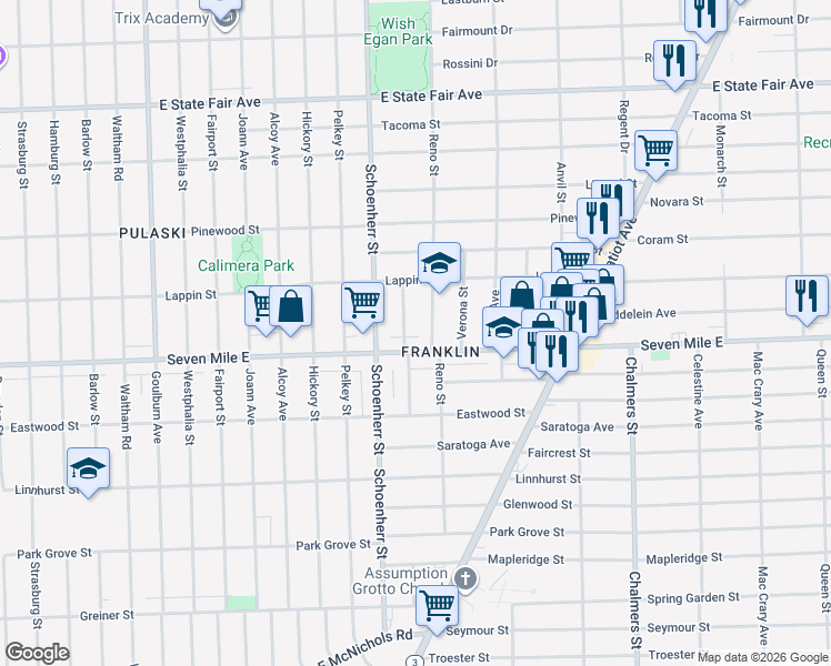 map of restaurants, bars, coffee shops, grocery stores, and more near 13800 Seven Mile East in Detroit