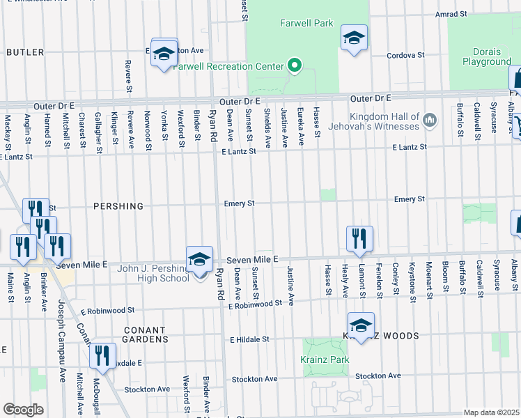 map of restaurants, bars, coffee shops, grocery stores, and more near 19227 Sunset Street in Detroit