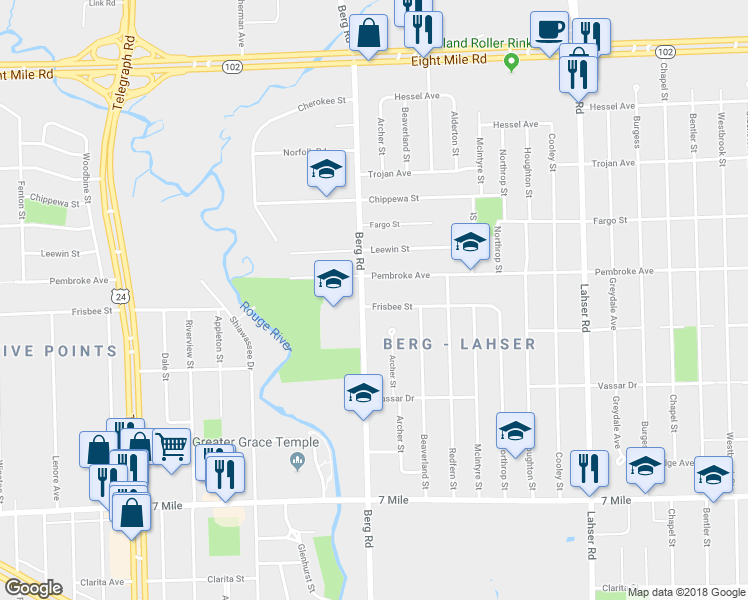 map of restaurants, bars, coffee shops, grocery stores, and more near 22679 Frisbee Street in Detroit