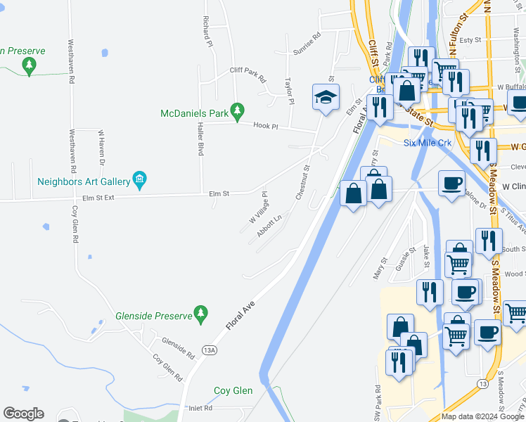 map of restaurants, bars, coffee shops, grocery stores, and more near 198 W Village Pl in Ithaca