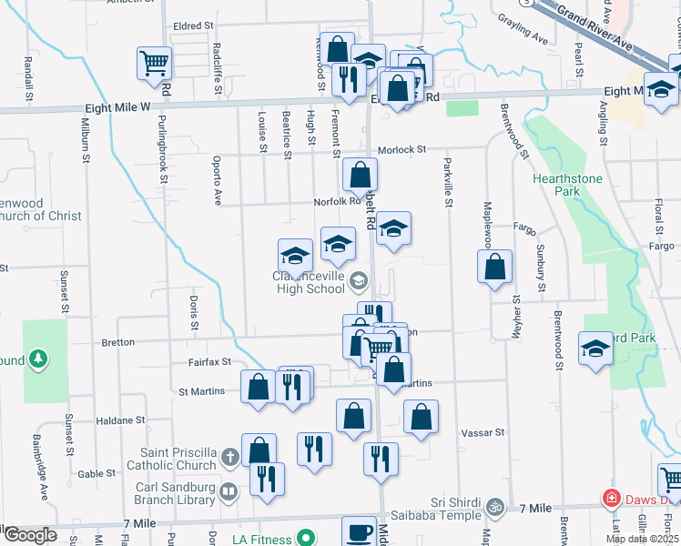 map of restaurants, bars, coffee shops, grocery stores, and more near 20155 Middlebelt Road in Livonia