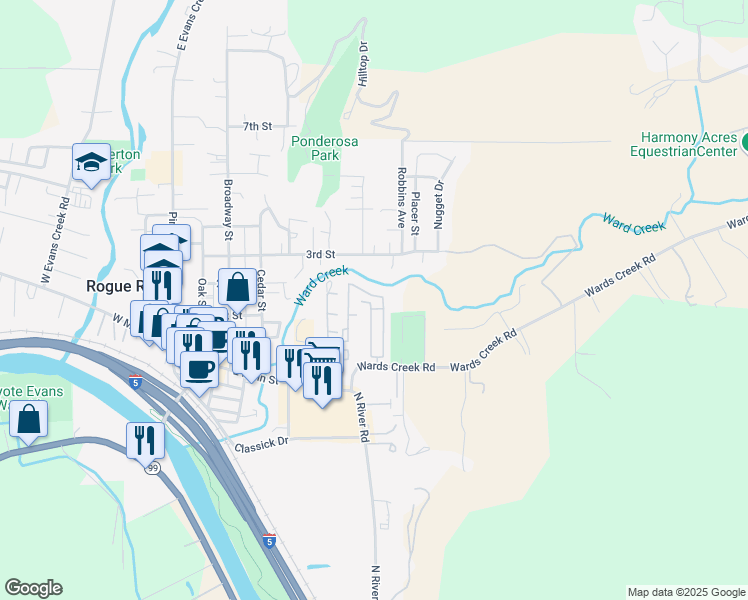 map of restaurants, bars, coffee shops, grocery stores, and more near 105 Wards Creek Lane in Rogue River