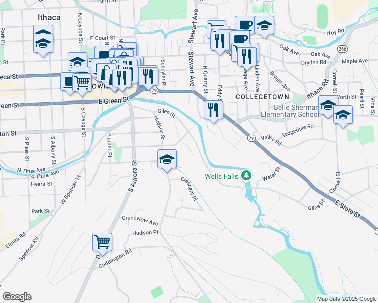 map of restaurants, bars, coffee shops, grocery stores, and more near 8 Charles Street in Ithaca