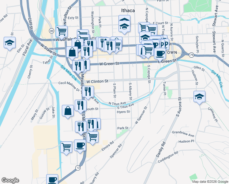 map of restaurants, bars, coffee shops, grocery stores, and more near 300 Center Street in Ithaca