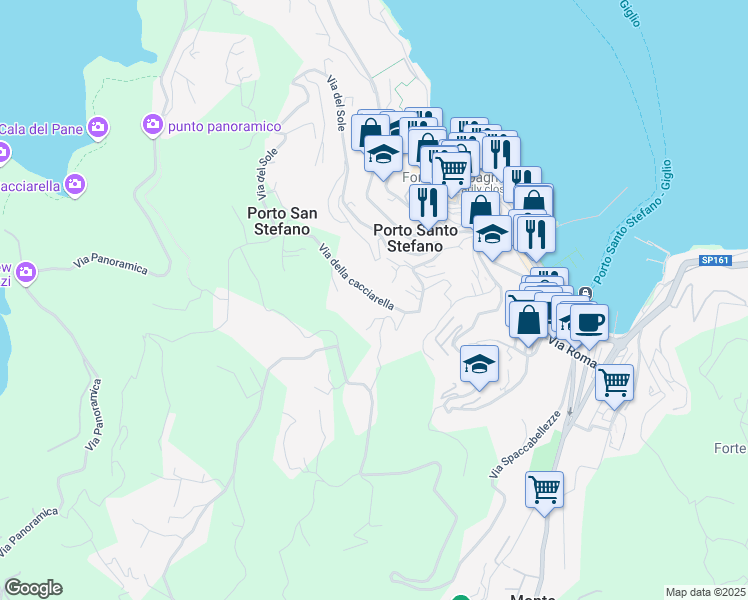 map of restaurants, bars, coffee shops, grocery stores, and more near 100 Via della Grotta in Porto Santo Stefano