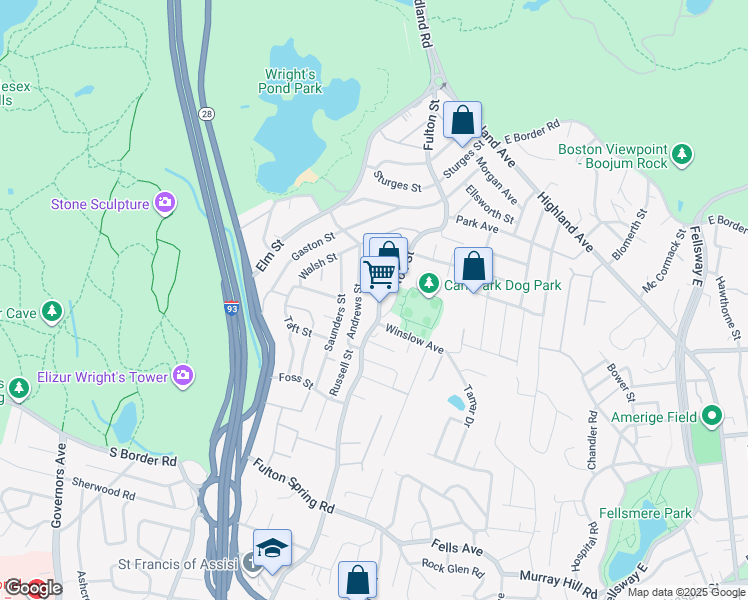 map of restaurants, bars, coffee shops, grocery stores, and more near 39 Andrews Street in Medford