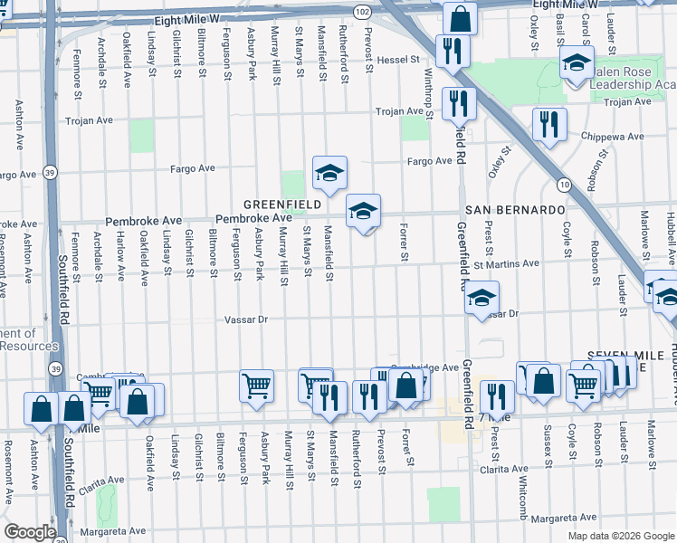 map of restaurants, bars, coffee shops, grocery stores, and more near 19481 Mansfield Street in Detroit