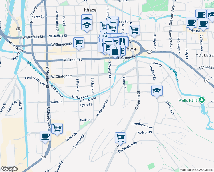 map of restaurants, bars, coffee shops, grocery stores, and more near 104 North Titus Avenue in Ithaca
