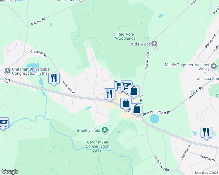 map of restaurants, bars, coffee shops, grocery stores, and more near 181 Great Road in Stow