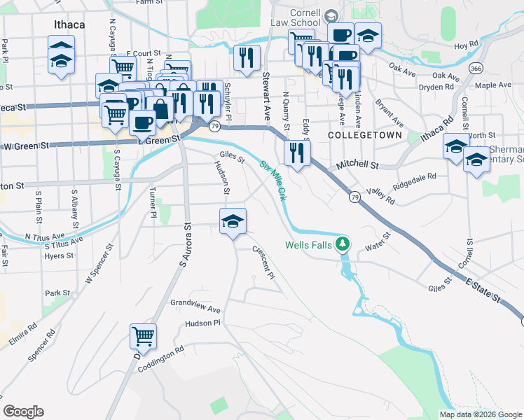 map of restaurants, bars, coffee shops, grocery stores, and more near 220 Giles Street in Ithaca