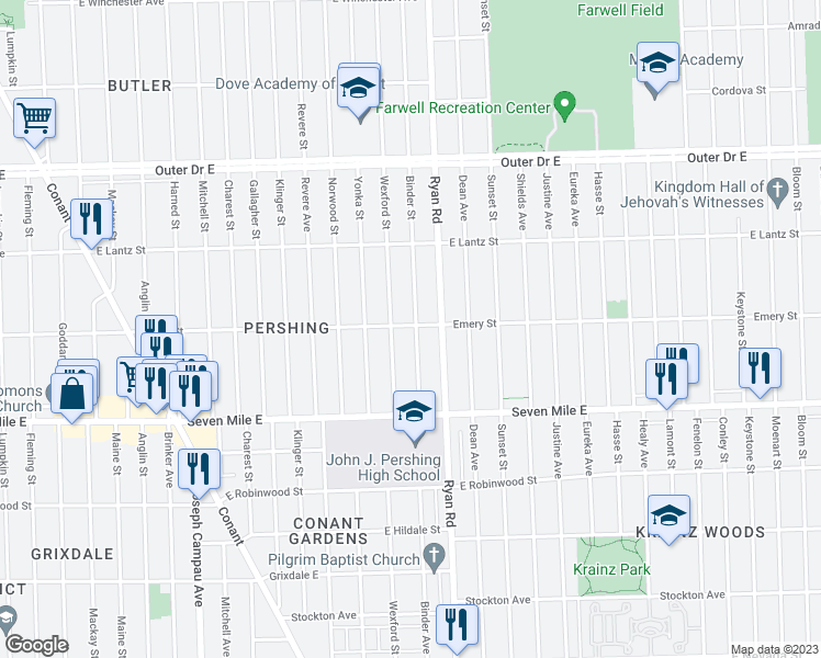 map of restaurants, bars, coffee shops, grocery stores, and more near 19271 Binder Street in Detroit