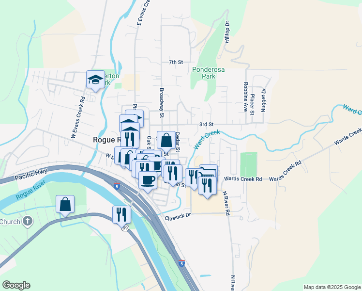 map of restaurants, bars, coffee shops, grocery stores, and more near 145 Cedar Street in Rogue River
