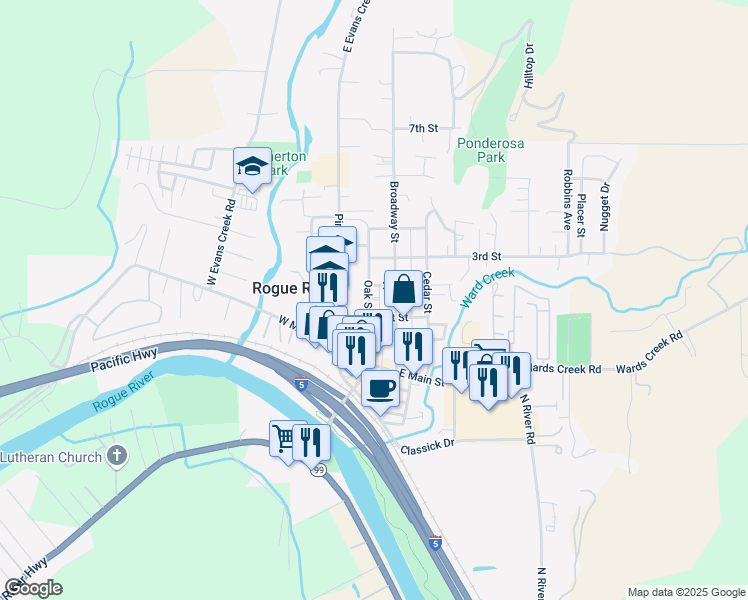 map of restaurants, bars, coffee shops, grocery stores, and more near 143 Broadway Street in Rogue River