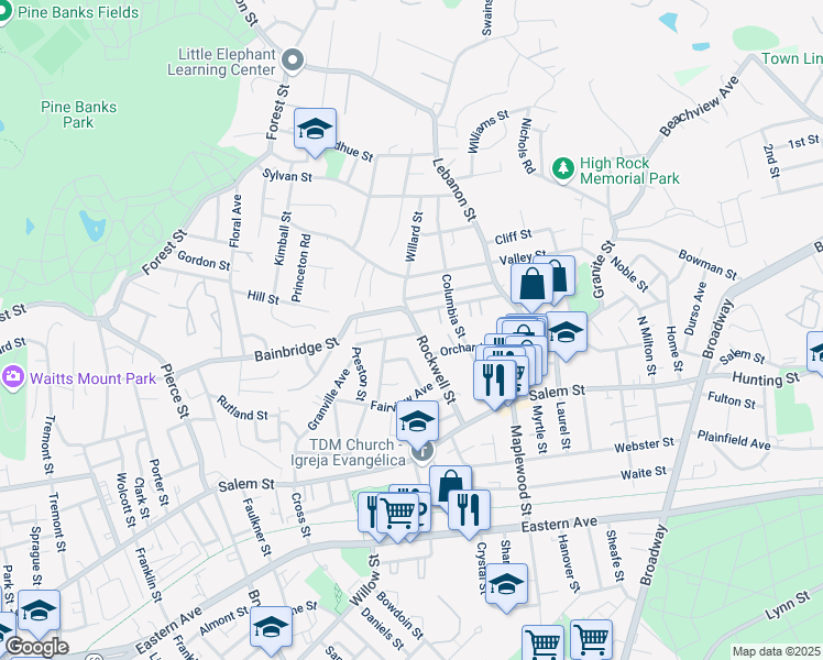 map of restaurants, bars, coffee shops, grocery stores, and more near 43 Mount Washington Avenue in Malden