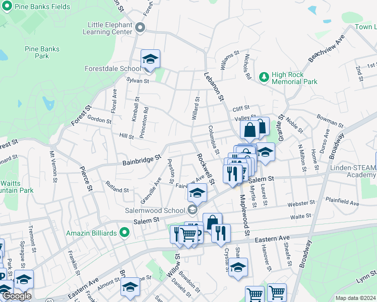 map of restaurants, bars, coffee shops, grocery stores, and more near 43 Mount Washington Avenue in Malden