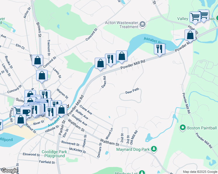 map of restaurants, bars, coffee shops, grocery stores, and more near 312 Dawn Road in Maynard