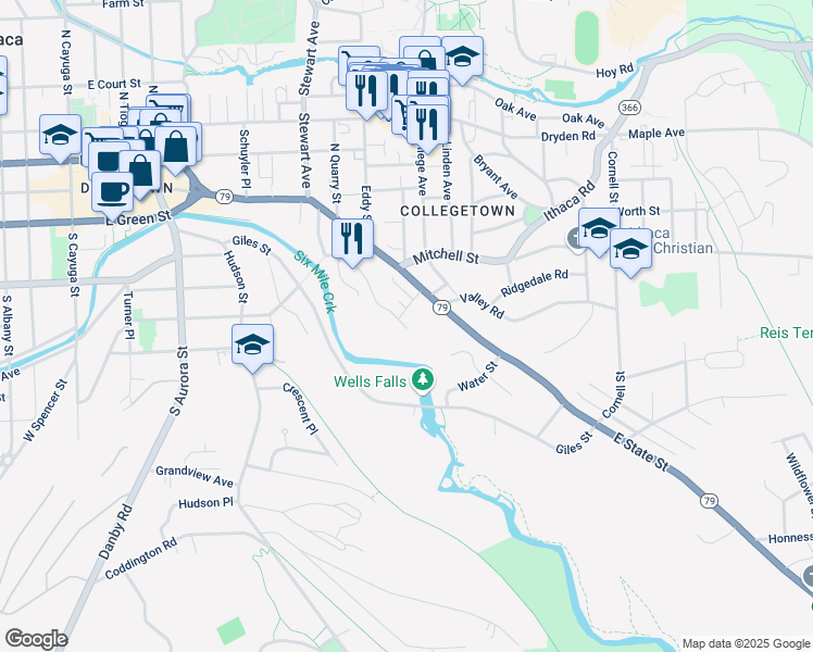 map of restaurants, bars, coffee shops, grocery stores, and more near 113-15 Valentine Place in Ithaca