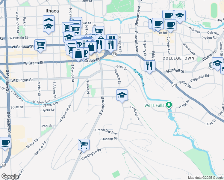 map of restaurants, bars, coffee shops, grocery stores, and more near 406a Hillview Place in Ithaca