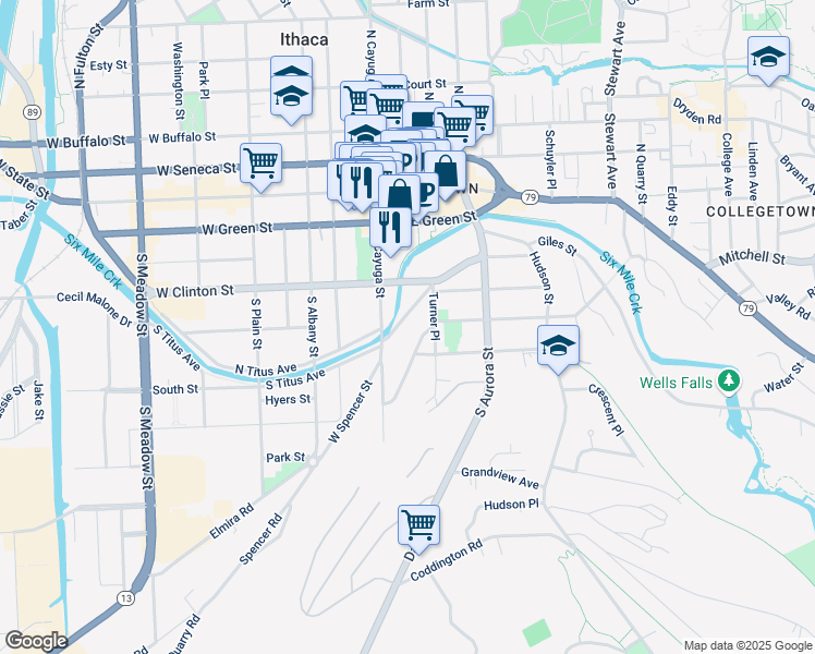 map of restaurants, bars, coffee shops, grocery stores, and more near 119 South Cayuga Street in Ithaca