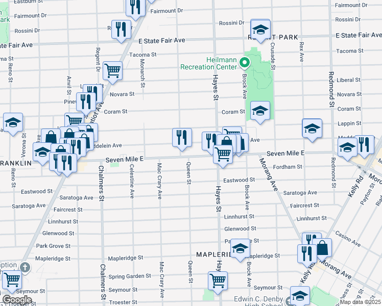 map of restaurants, bars, coffee shops, grocery stores, and more near 14916 Seven Mile East in Detroit