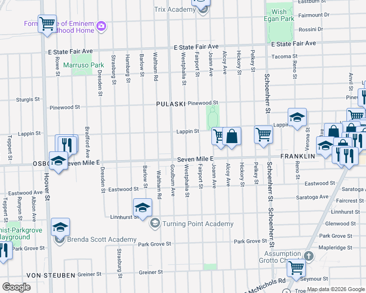 map of restaurants, bars, coffee shops, grocery stores, and more near 12901 Seven Mile East in Detroit